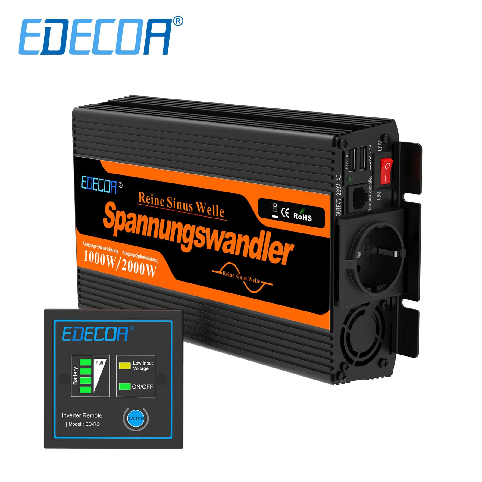 EDECOA 1000W/2000W DC 12V AC 220V 230V pure sine wave power inverter