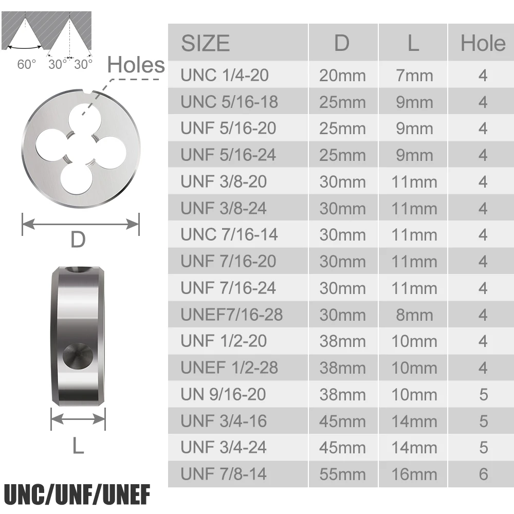 XCAN 1pc 5/16 3/8 7/16 1/2 5/8 3/4 UNC UNF UNEF Right Hand Thread Die  Threading Tools - AliExpress