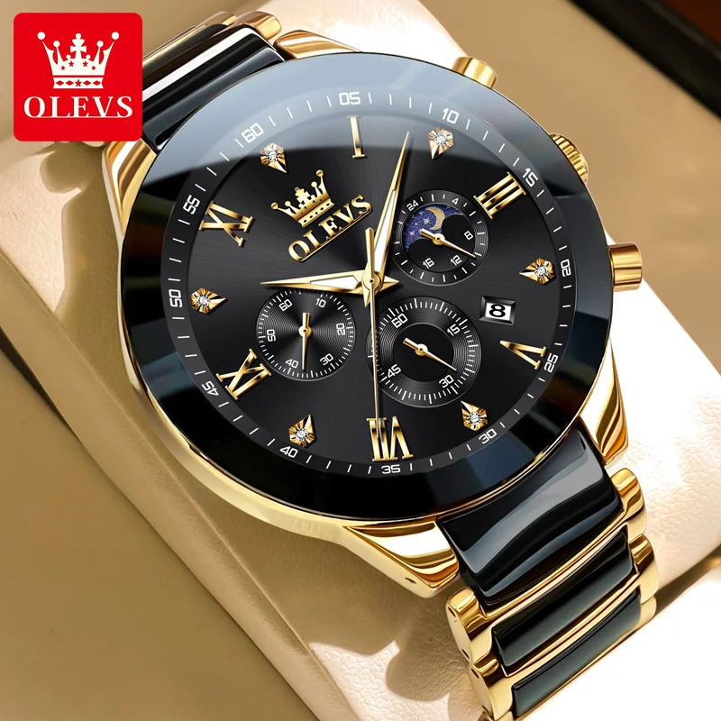 OLEVS New Quartz Watch for Men Moon Phase Chronograph Men's Watch Fashion Luxury Ceramic Strap Waterproof Luminous Reloj Hombre for huawei watch gt2e gt 2 46mm gt 42mm 46mm replacement ceramic genuine leather smart watch strap white