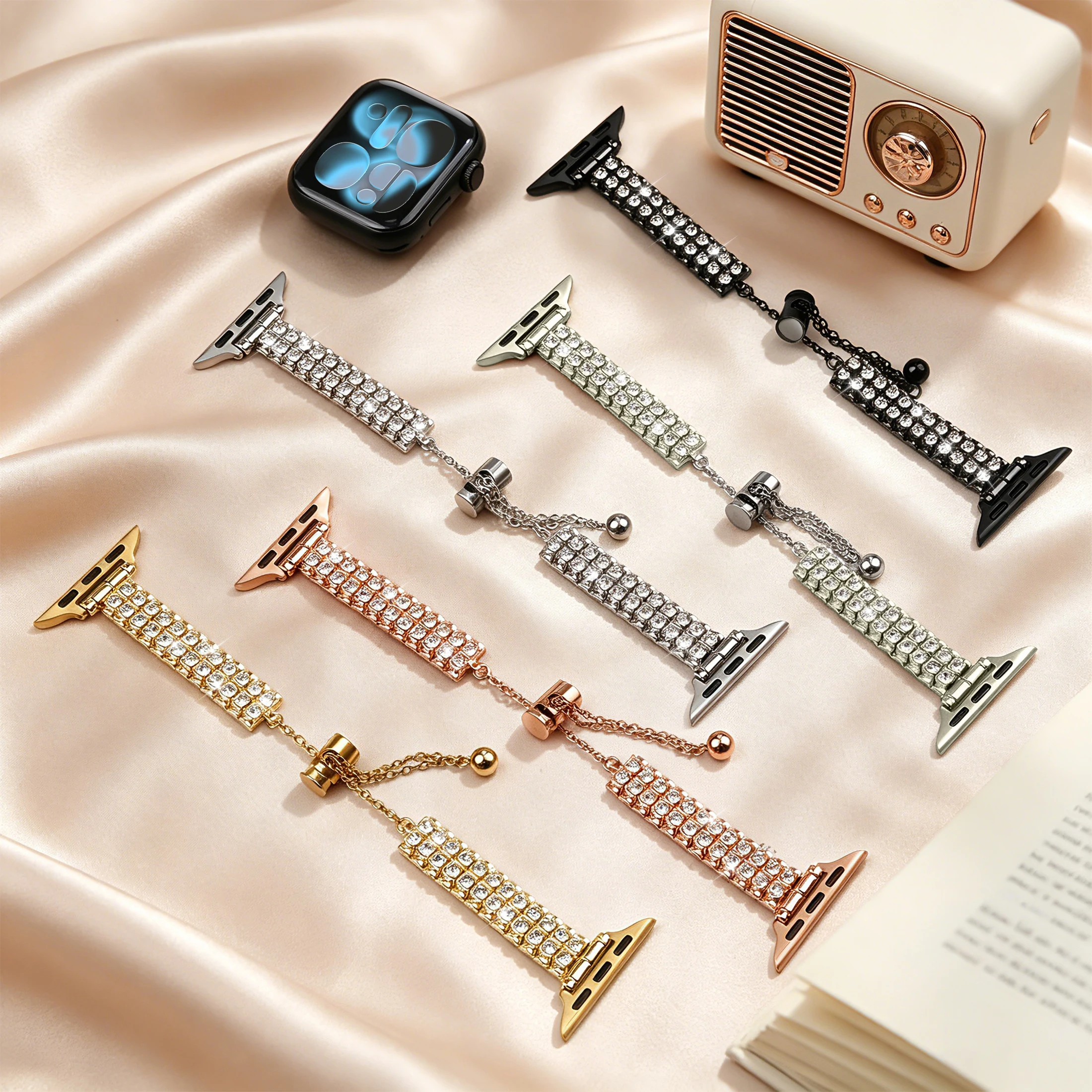Elegant Shiny Diamond Metal Band - Adjustable Luxury Bracelet Strap, Available in 5 Colors