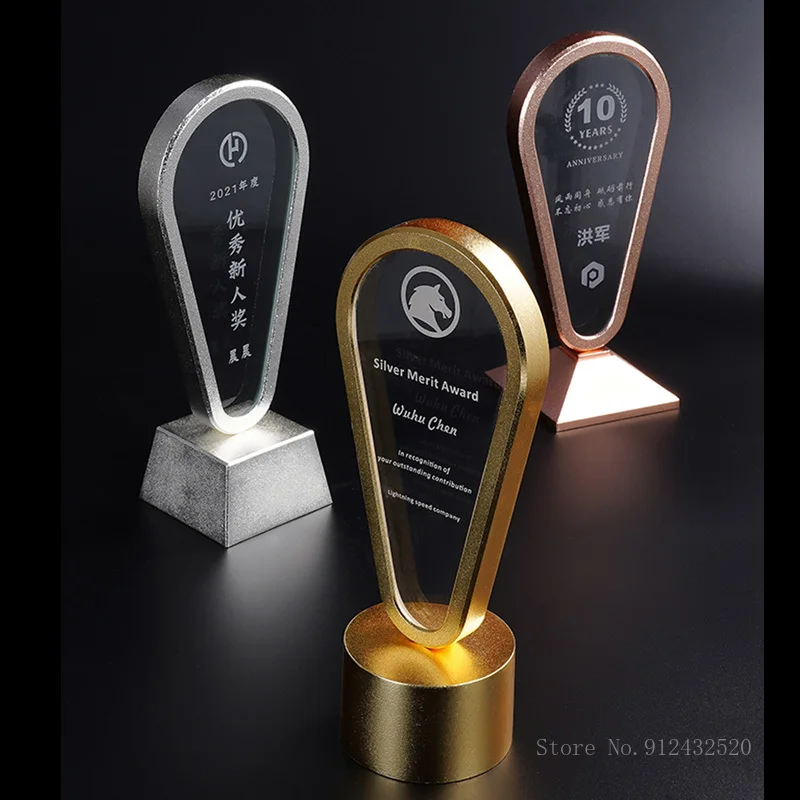 Personalized Custom Metal Geometric Shape Base Crystal Trophy, Electroplating Gold, Creative Event, Souvenir, Home Decoration