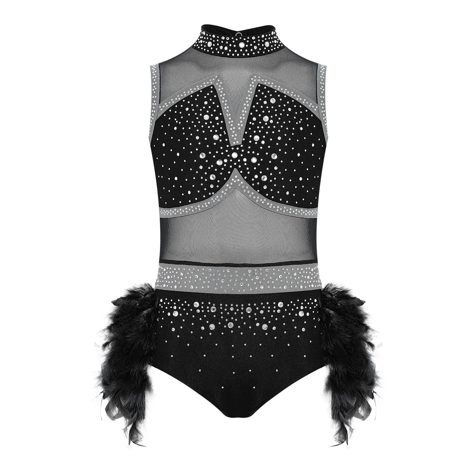 Kinder Mädchen Eiskunstlauf Latin Jazz Dance Samba Rumba Cha-cha Trikot Glänzende Strass Sheer Mesh Feder Rock Body – Detail 12
