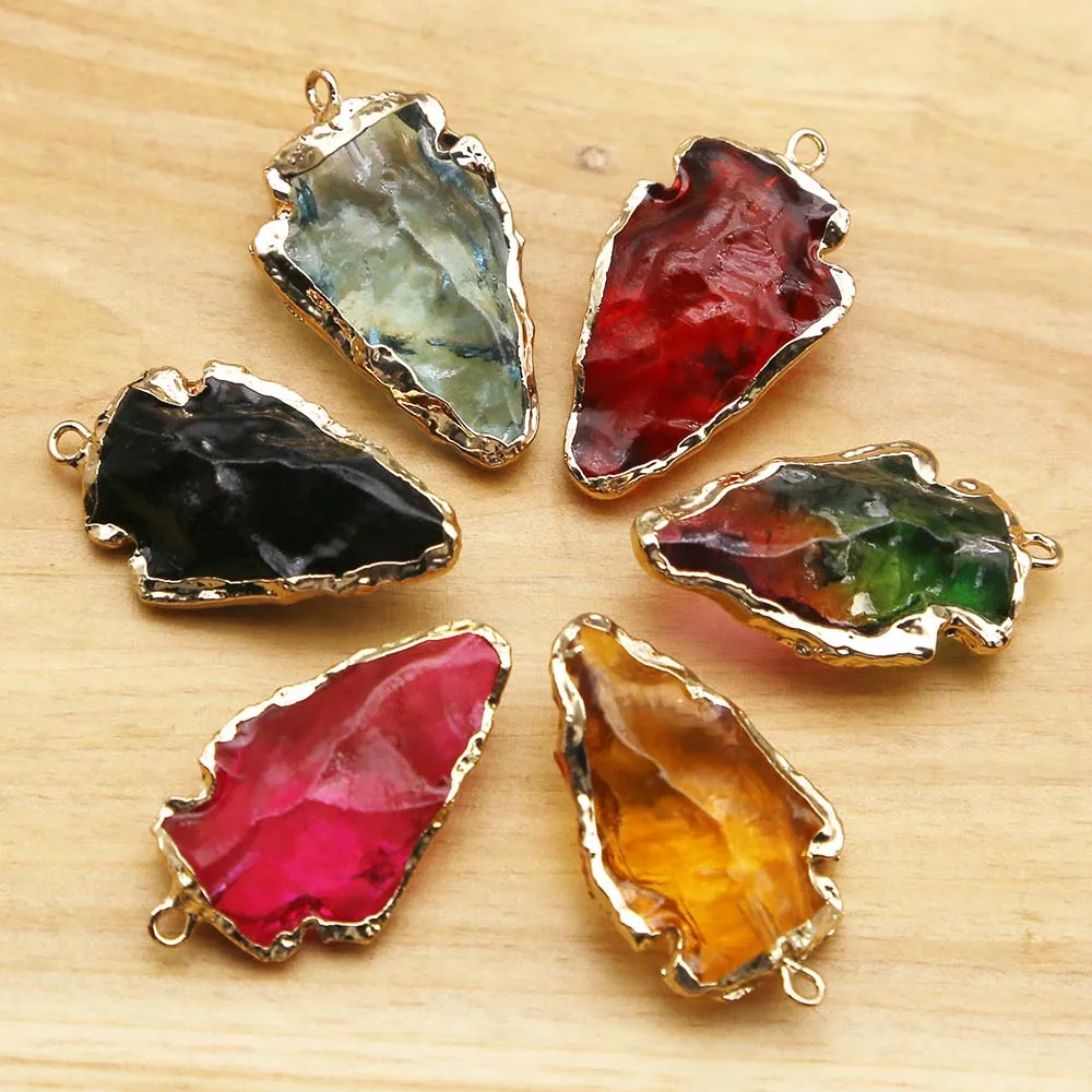 Natural Semiprecious Stone Crystal Glass Triangle Degree Gold Rim Necklace Pendant Charm Jewelry Accessories Gift Wholesale 8Pcs