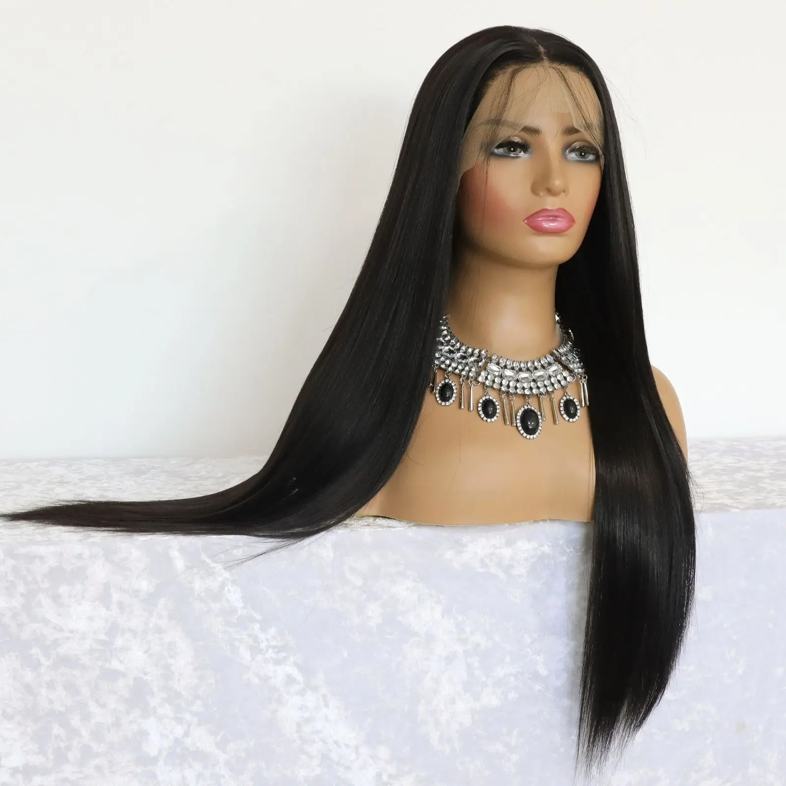 Black Straight Lace Front Synthetic Wig Natural Black 13×4 Lace Front Wig Heat-resistant Synthetic Fiber Wigs(24Inch)