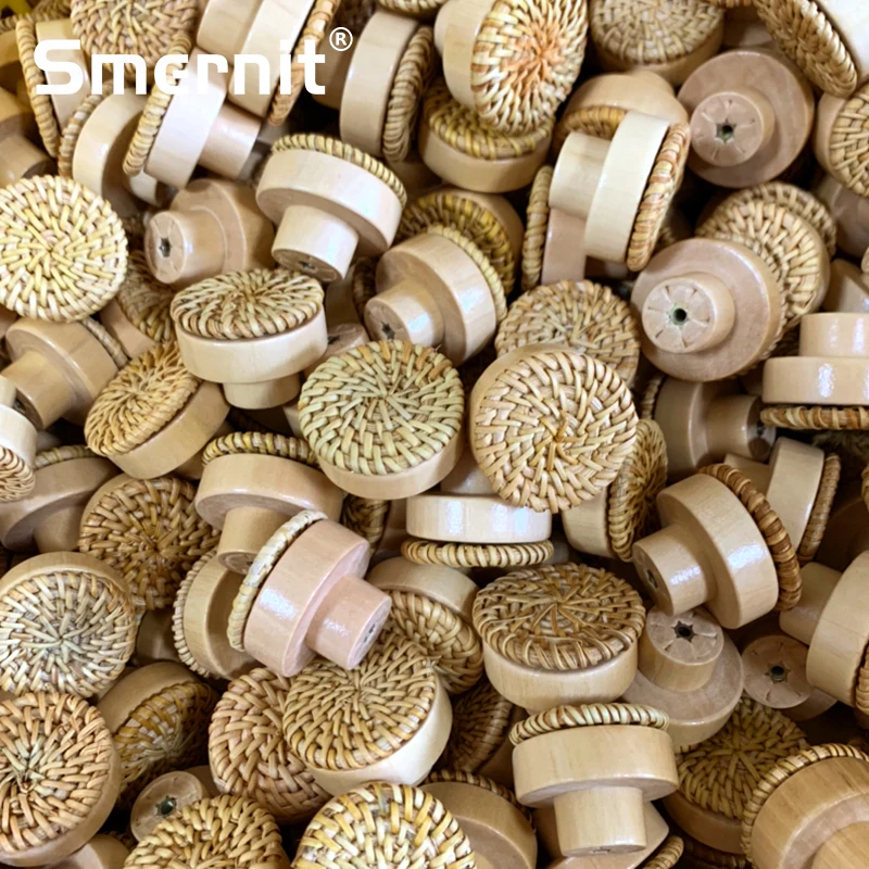 Handmade Wooden Rattan Round Furniture Knobs for Dressers and Cabinets
