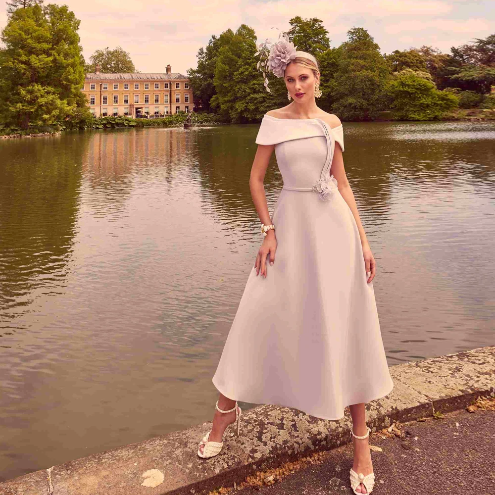 

Elegant Off Shoulder Mother of the Bride Dresses Boat Neck Wedding Party Gowns Flowers Pleat Ankle Length A-line فساتين السهرة