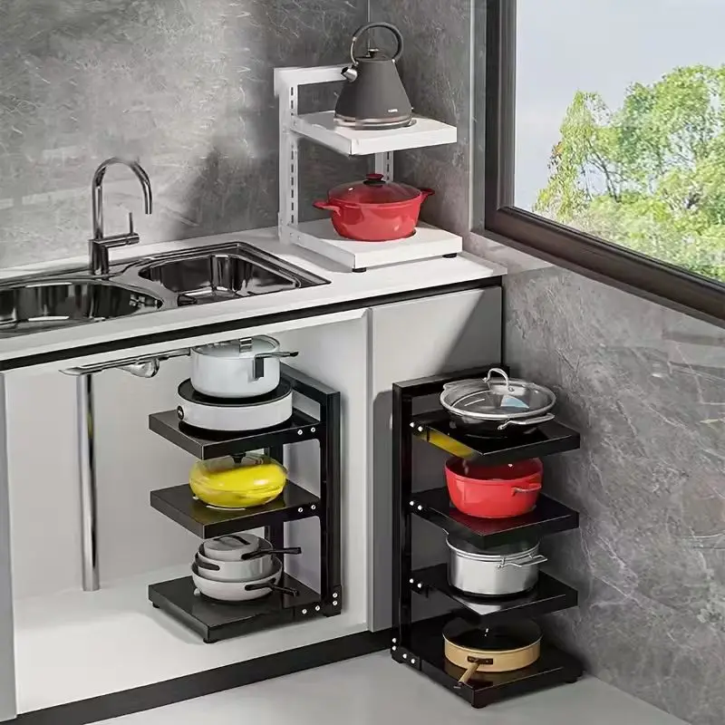 1pc Heavy-Duty Carbon Kitchen Pot Rack, Multi-Tier -Standing Shelf with Adjustable Shelves & Pot Lid Storage - Space