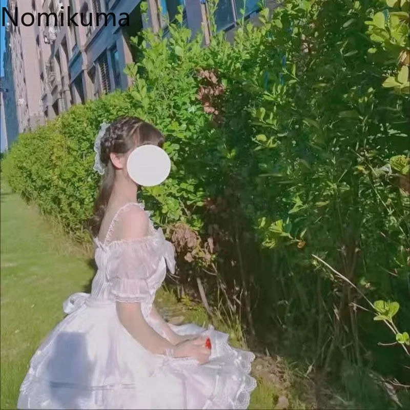 Lolita Style Cute White Woman Dress 2025 Vestidos De Mujer Slash Neck Puff Sleeve Tunic Sweet Summer Dresses Bow Lace Robe Femme 5