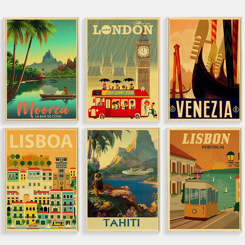 Print Vintage Art Painting New York London Italy TAHITI