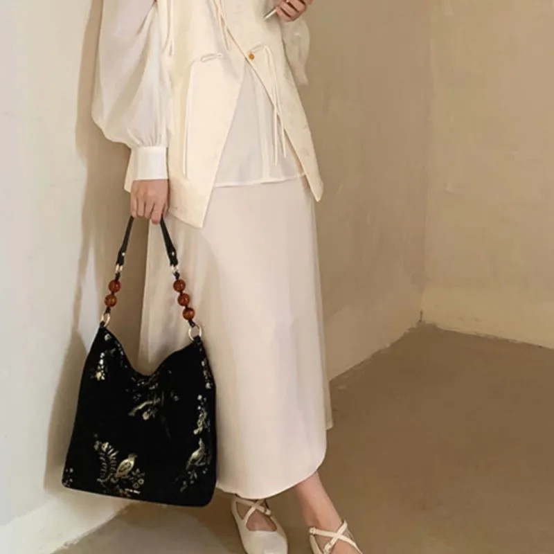 Vintage Landscape Embroidery Black Handbag Women Ethnic Large Capacity Beaded Shoulder Bags Ladies Elegant Premium Crossbody Bag