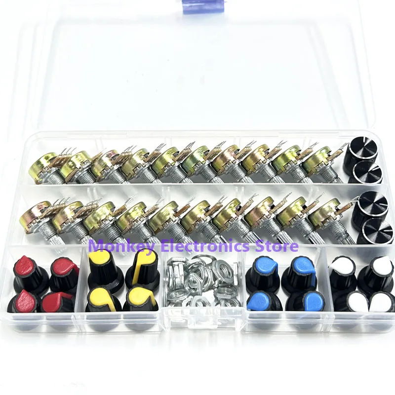 Potentiometers adjustable resistor multiturn potentiometer linear potentiometer rotary potentiometer potentiometer knobs potentiometer kit trimmer potentiometer WH148 Single 3pines 40PCS Kit box switch 15MM potenciometro B5K 10K 20K 50K 100K With 20PCS Knobs Set Shaft Nut