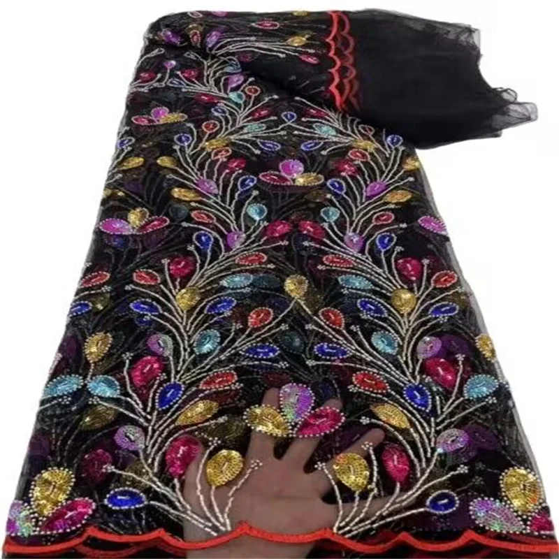 

Nigerian French Lace Fabric 2023 Multicolor High Quality Sequin Embroidered Luxurious White Beaded Lace Fabric 5 Yards Wedding