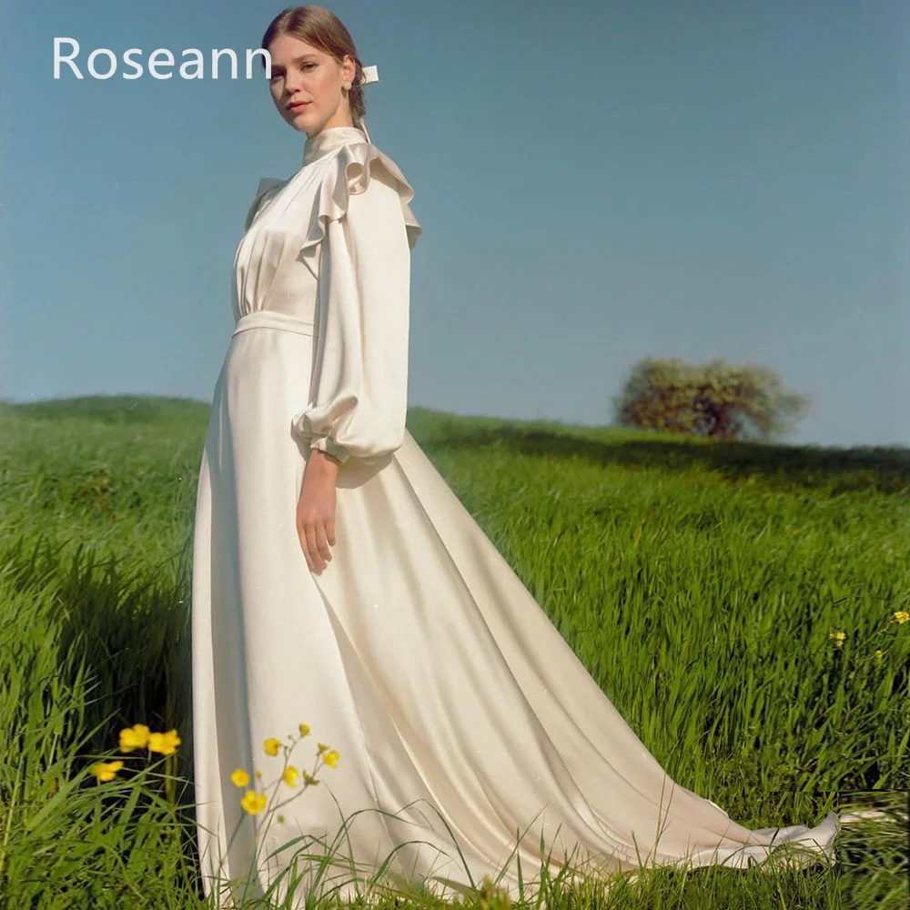 Customized Muslim Retro High Collar A-line Wedding Dresses Ruffle Satin Draped Pleat Ribbon Full Bride Dresses robe de mariée 5