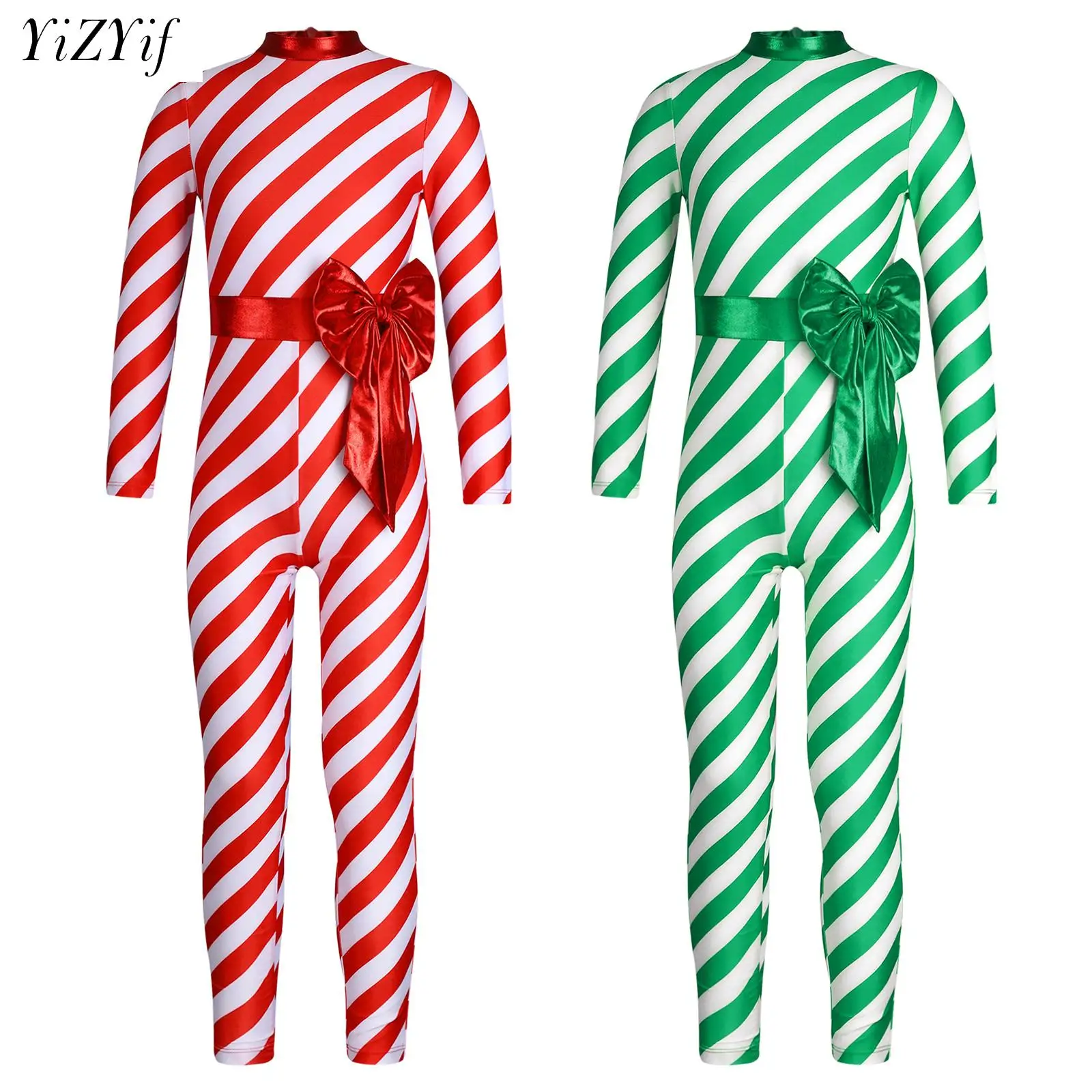 

Kids Girls Christmas Jumpsuit Xmas Candy Cane Striped Ballet Dance Unitard Long Sleeve Shiny Bowknot Stretchy Bodysuit Dancewear