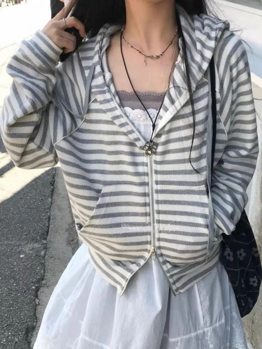 Retro Striped Hoodie Jaet Women's Small Size Faionable Youthful Zipper Outerwear Open Cardigan Long Sve Top