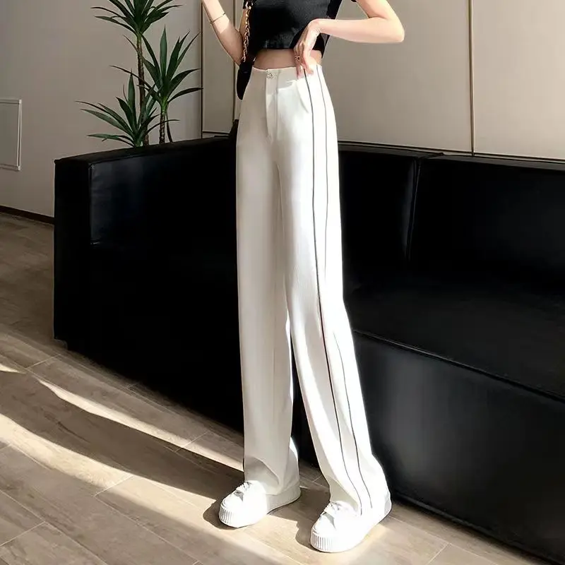 Spring and Autumn Women's Splicing Striped Loose Wide Leg Pants High Waist Button Fashion Casual Commuter All-match Trousers