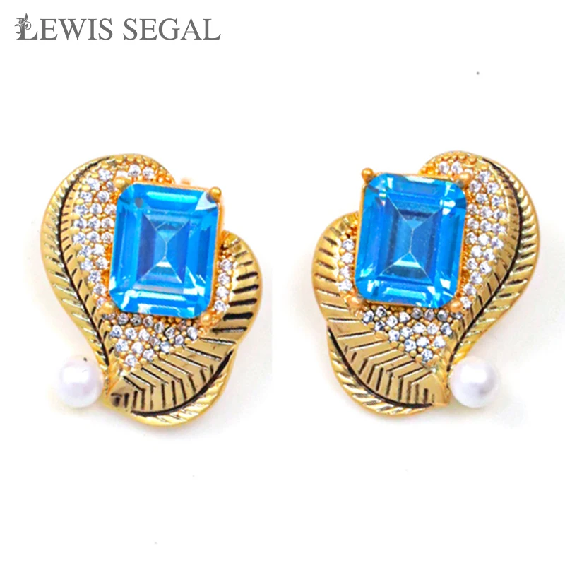 

LEWIS SEGAL Light Blue Crystal Cubic Zirconia Stud Earrings for Women 4 Claws Design Fine Earrings 18K Gold Hot Jewelry