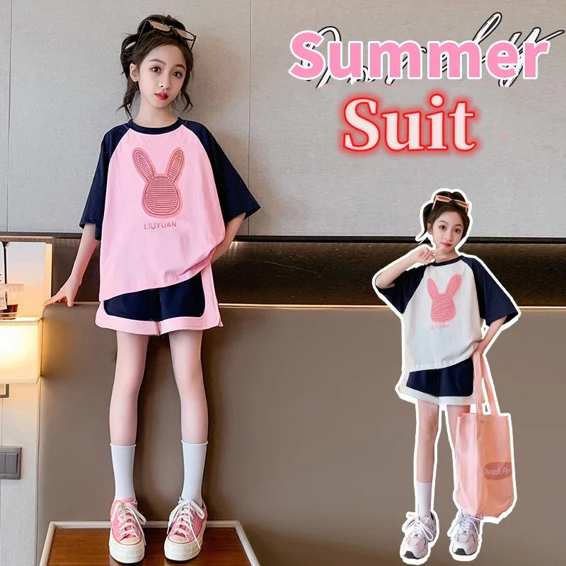 

Summer Girls Cotton Patchwork Cartoon T-Shirt Tops+Shorts Pant Workout Sets School Kids Tracksuit Children 2PCS Outfits 5-16 Yr