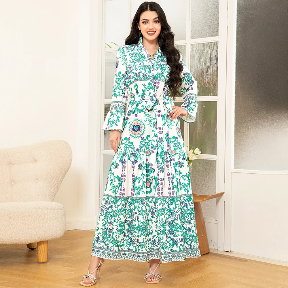 Elegant style V-neck Flowers Plant Buttons Belt Flared sleeve Long Dresses