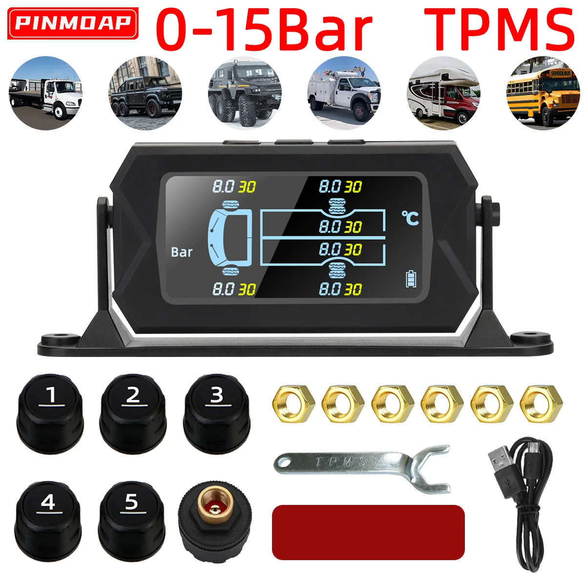 Car RV Truck TPMS Tire Pressure Monitoring System Wireless Solar with 6 External Sensors Digital LCD Alarm 0-8bar 0-15bar