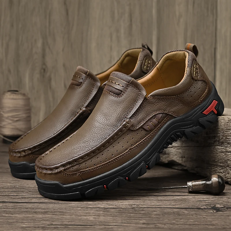 Men's Leather Outdoor Loafers Handmade Dad Shoes Breathable