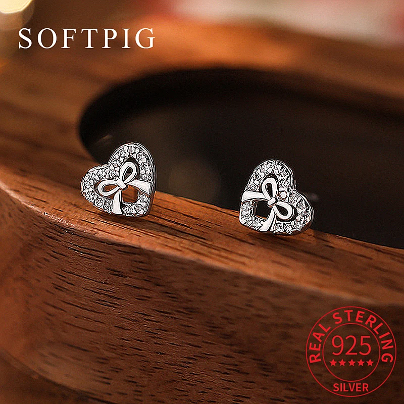 

SOFTPIG Real 925 Sterling Silver Zircon 6.5mm Heart Stud Earrings for Women Cute Fine Jewelry Minimalist Accessories