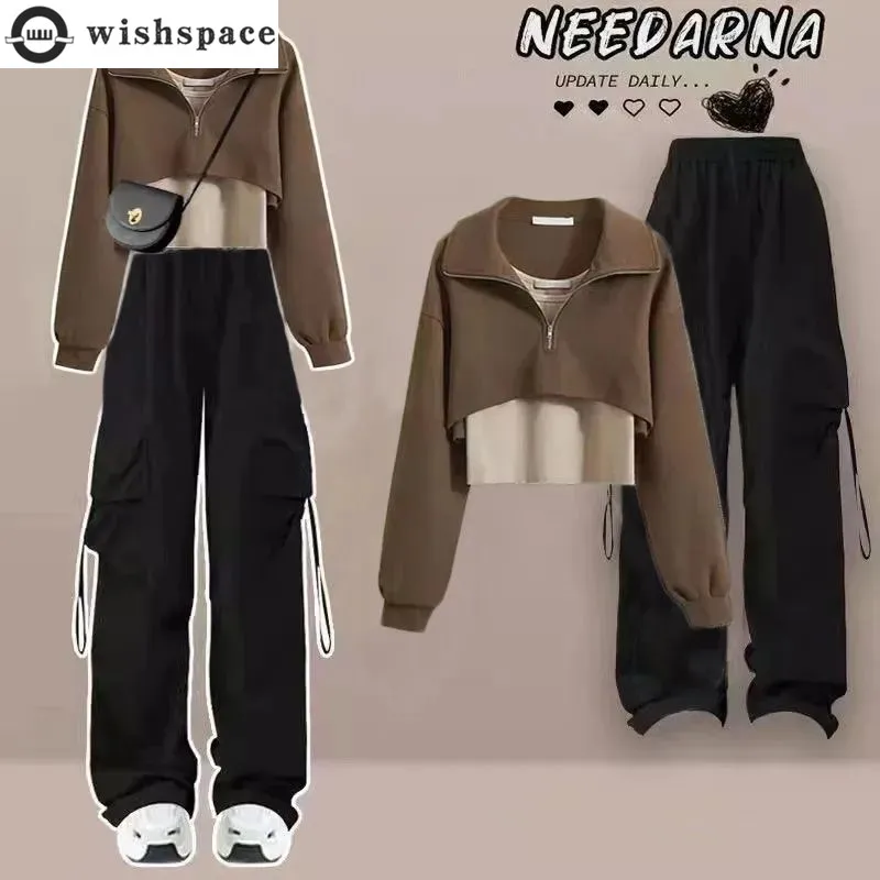 Весенне-осенний Новый Модный и высококачественный короткий топ с воротником-поло Повседневные рабочие брюки для возраста набор из трех предметов