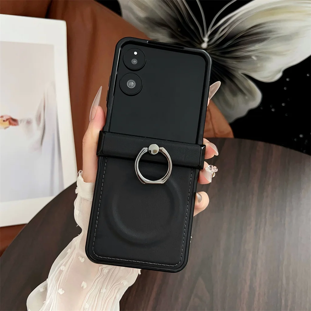 Magnetic Ring Holder PU Leather Stand Shockproof Phone Case with Hinge Protection