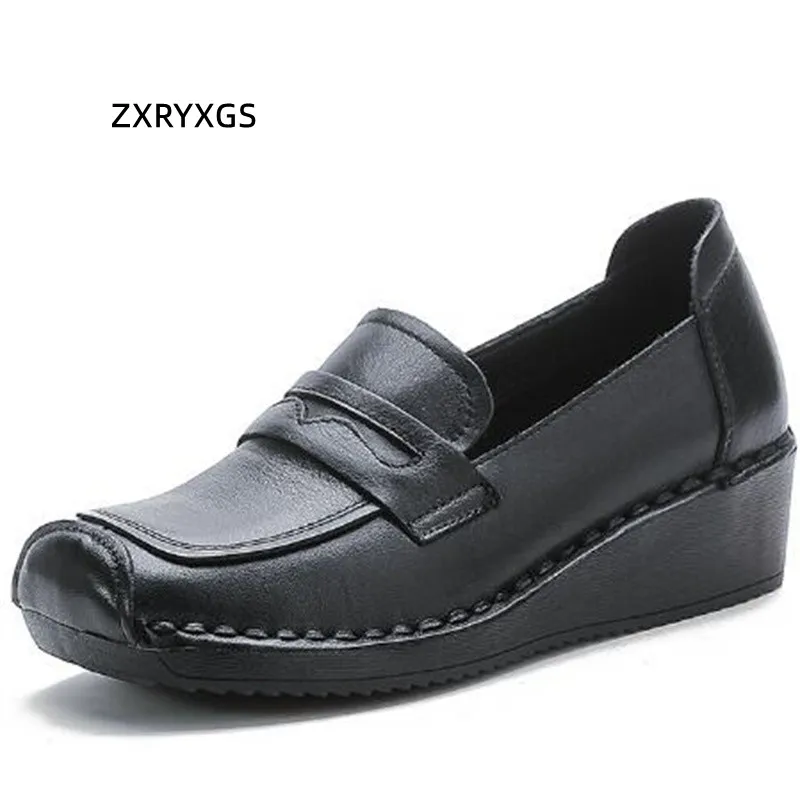 

ZXRYXGS 2022 Autumn Classic Retro Full Genuine Leather Shoes Soft Sole Comfort Non-slip Wedges Heel Shoes Woman New Loafer Shoes