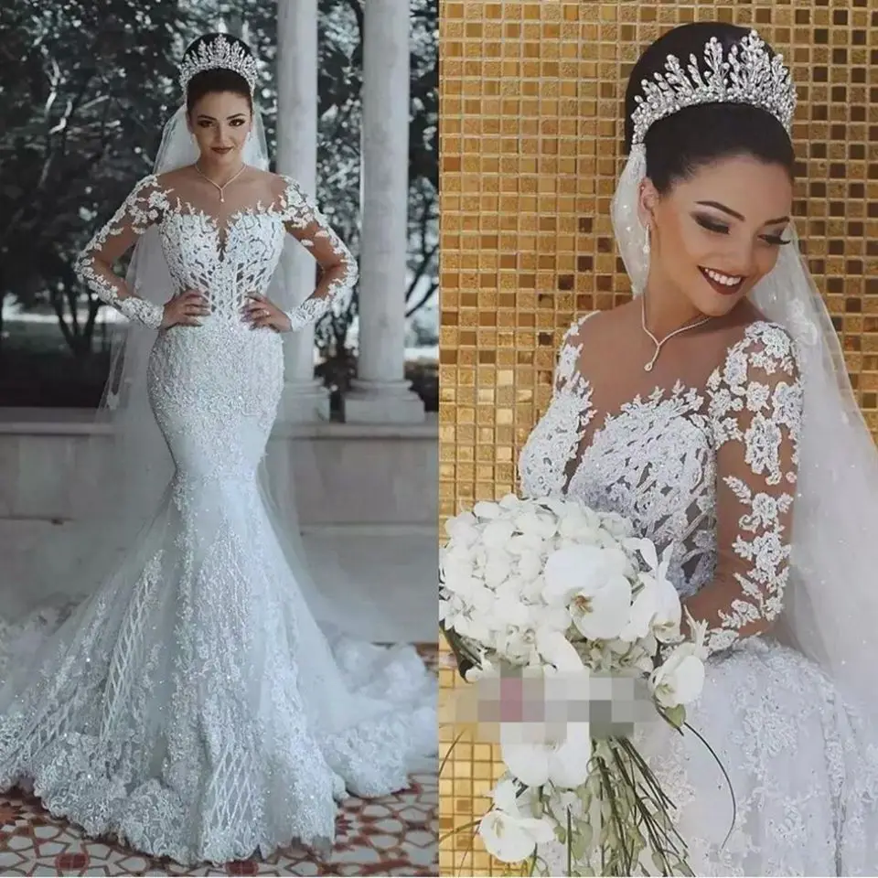 Exquisite Illusion Langarm Meerjungfrau-Hochzeitskleider 2026 Glitzer Perlen Pailletten Spitzenapplikationen Brautkleider Vestido De Noiva – Detail 5