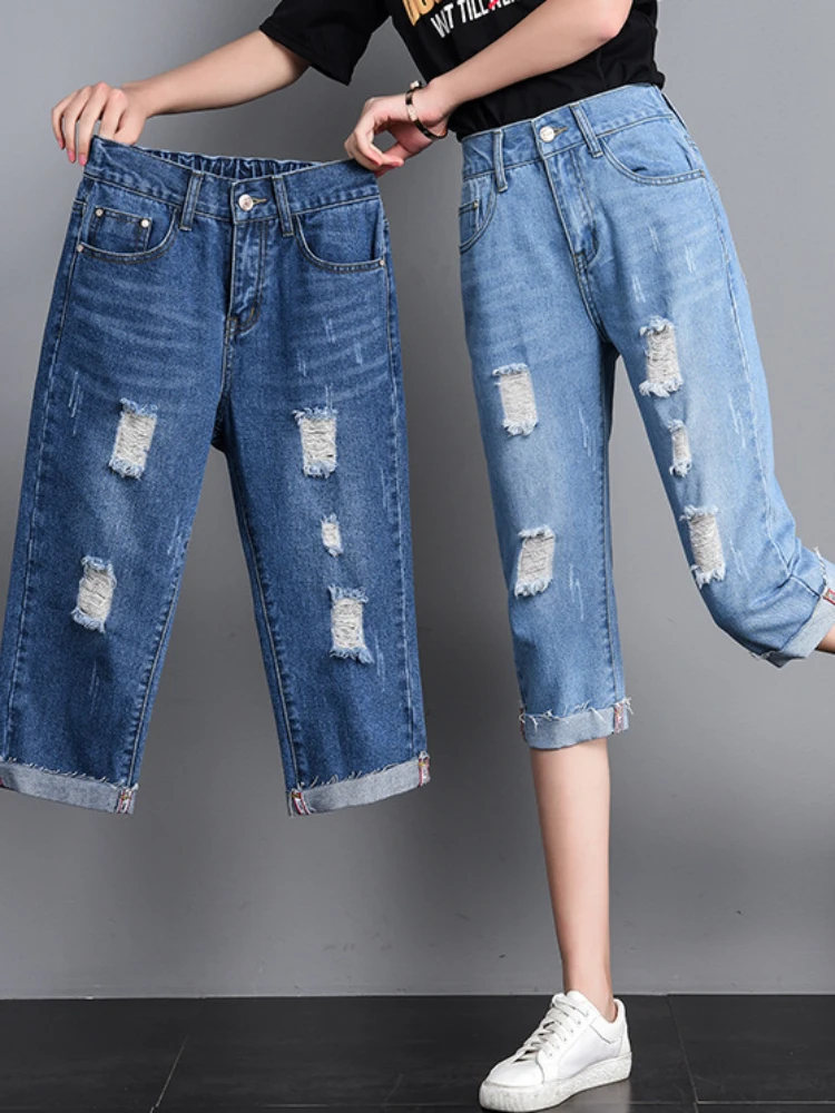 

Ripped Jeans Women's Summer New Loose and Thin High Waist Cropped Straight Trousers Jean Shorts Women Super Stretchy Oversize