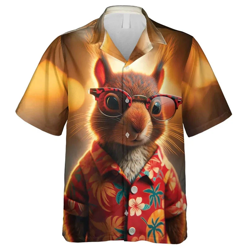 thumbnail image 1 of Camisa hawaiana con estampado de ardillas para hombre, camisas hawaianas con estampado de animales de dibujos animados en 3D, blusas casuales con solapa, blusas de manga corta para niños, 1 of 4