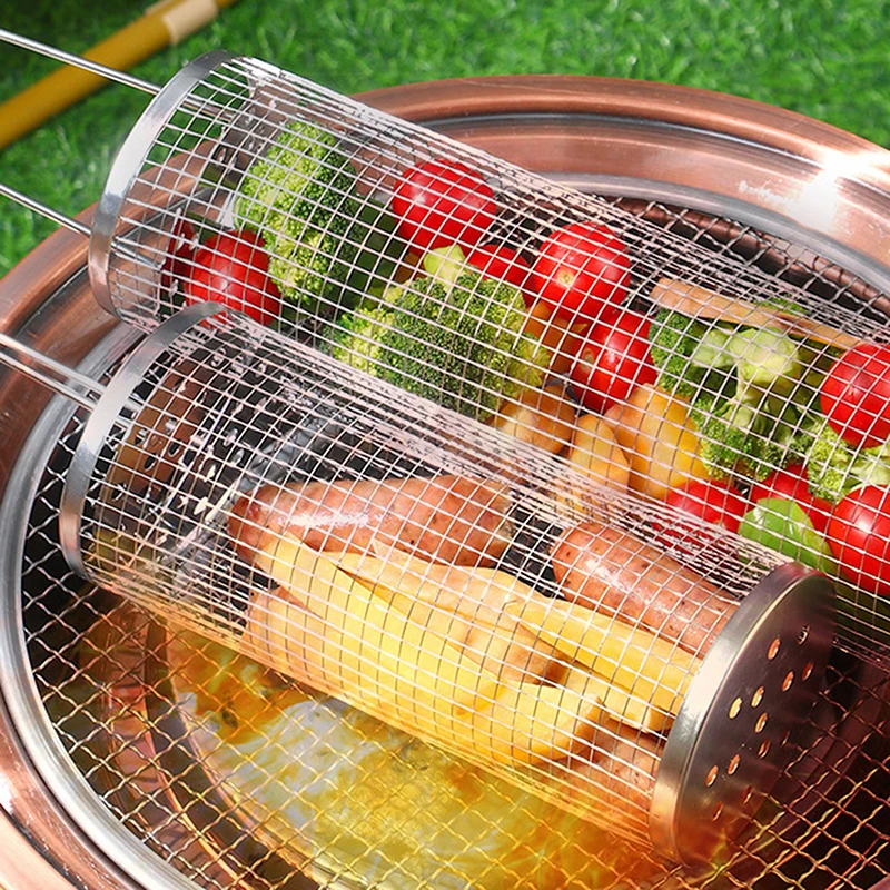 Stainless Steel Barbecue Cages Grill Basket Camping Cookware Outdoor Portable Round BBQ Campfire Grid Rolling Grill Basket