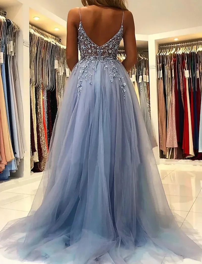 Simple and elegant Princess a Line Decal Italian Strap Luxury Evening dress Sexy V-neck backless floor-length PROM party dress