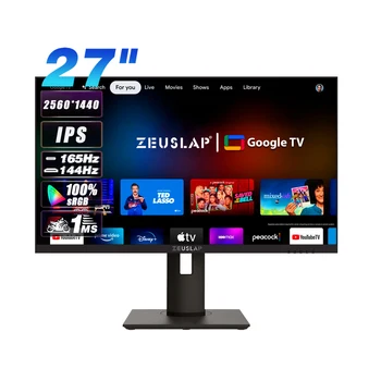 Zeuslap QHD 게임용 IPS 모니터 LED 스마트 TV 시스템, PC 컴퓨터 및 게임용 스피커 포함, 27 인치, 2K, 165Hz