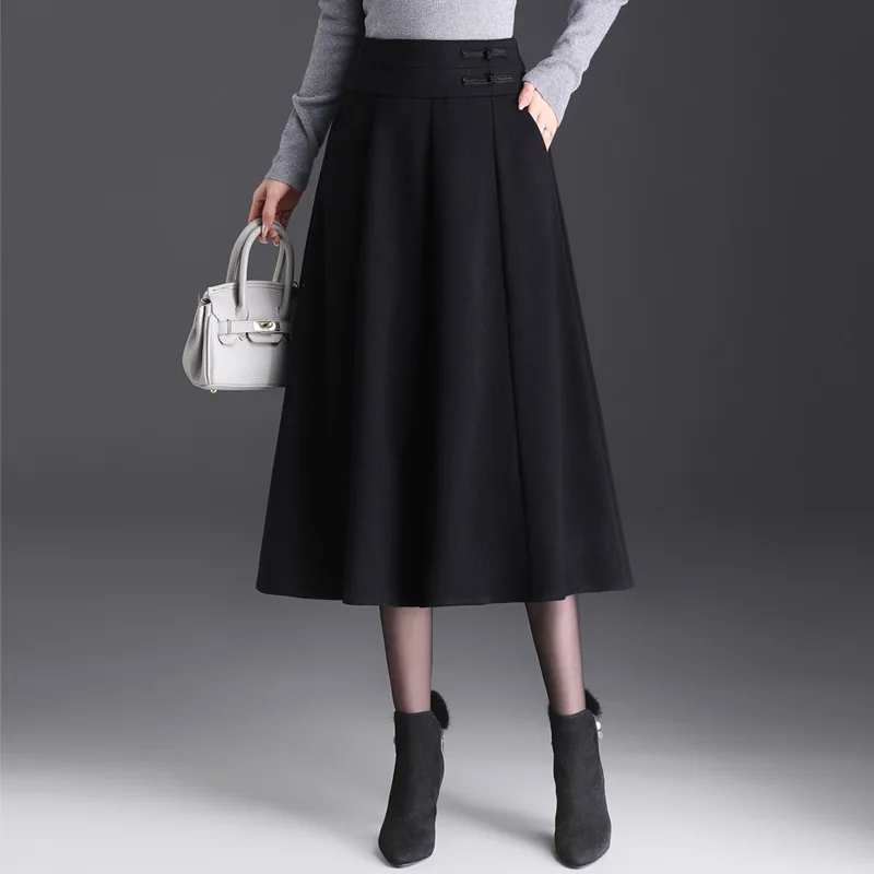 

#1731 Black Brown Split Joint Pleated Woolen Skirt Women Thick Warm Retro Pleated Skirt Ladies High Waisted A-line Skirt Elegant