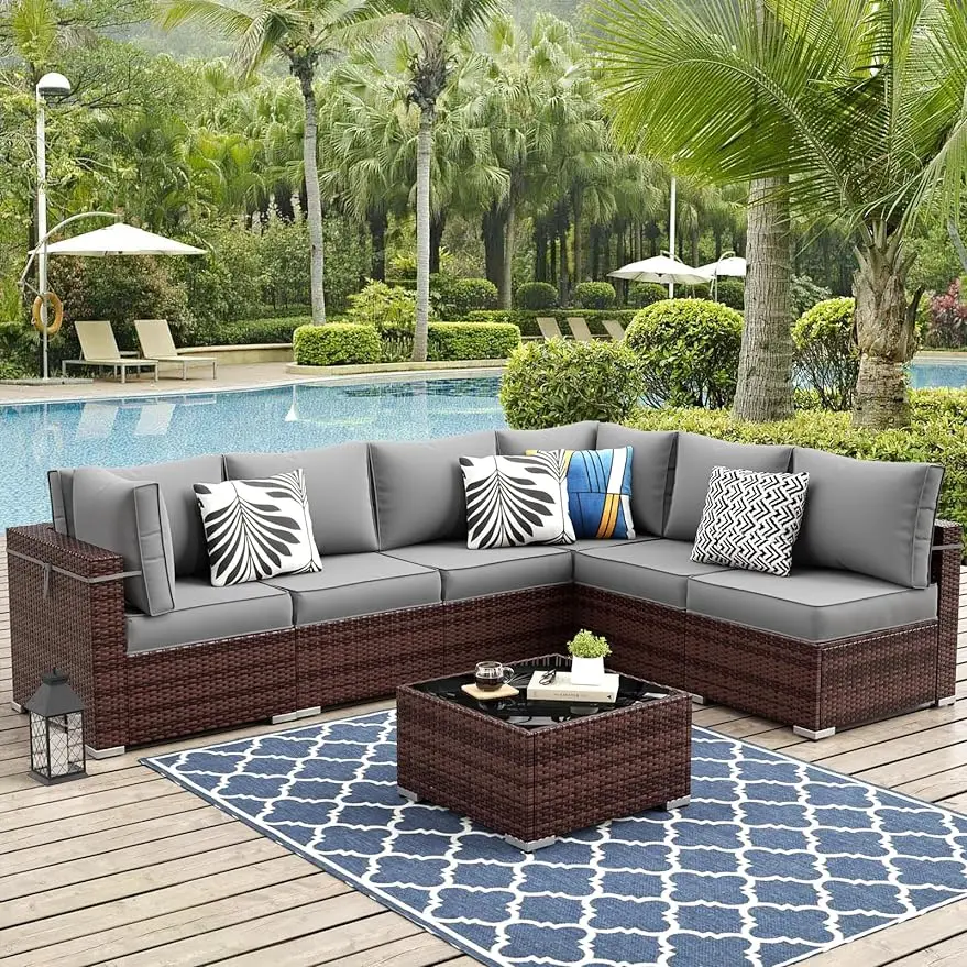 

7 Pieces Patio Furniture Set, Outdoor Sectional Rattan Sofa Set,PE Wicker Conversation Set with Cushions and Table Cover