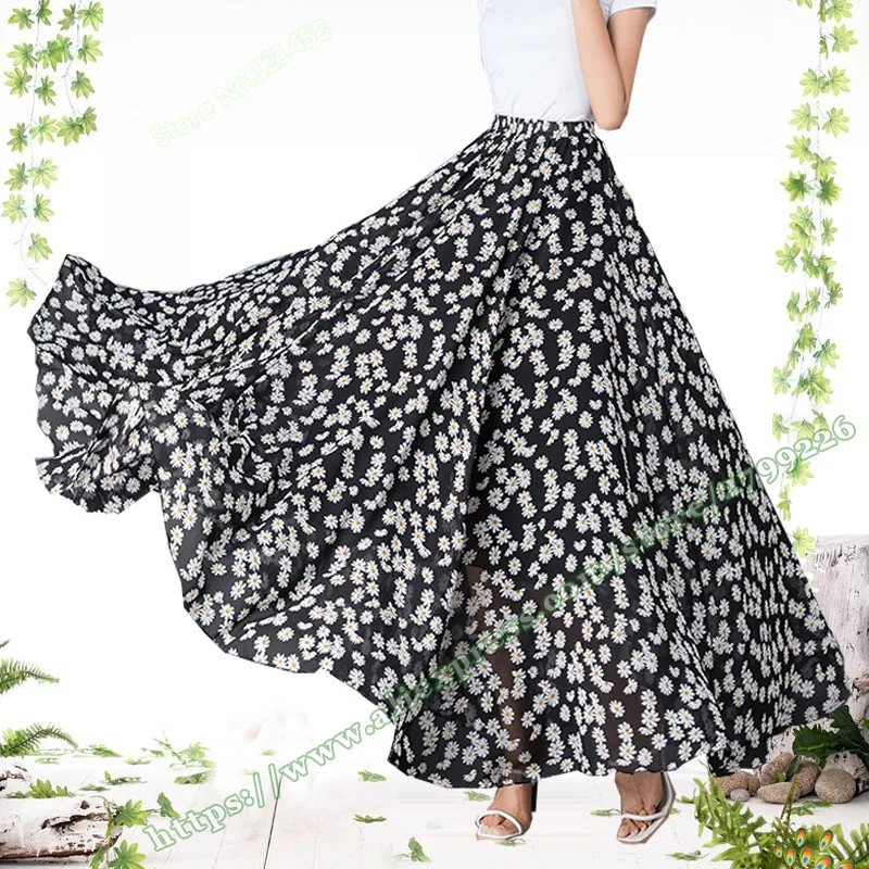 

Woman Clothes Fashion Elegant Skirt Summer Plus Size Retro Vintage Black Floral Pattern Chiffon Ladies Long Maxi Skirts Womens