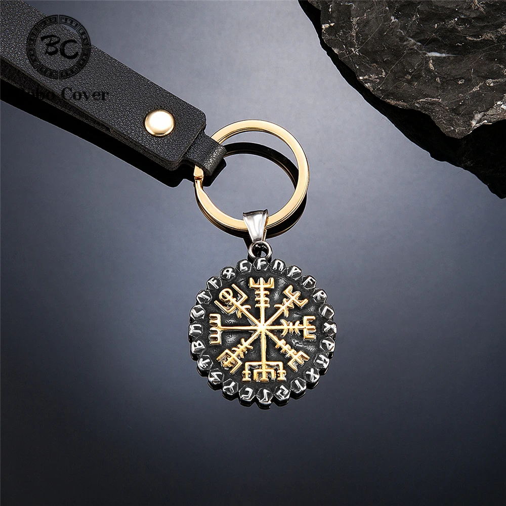 Vintage Norse 24 Runes Vegvisir Keyring Mens Viking Compass Pendant