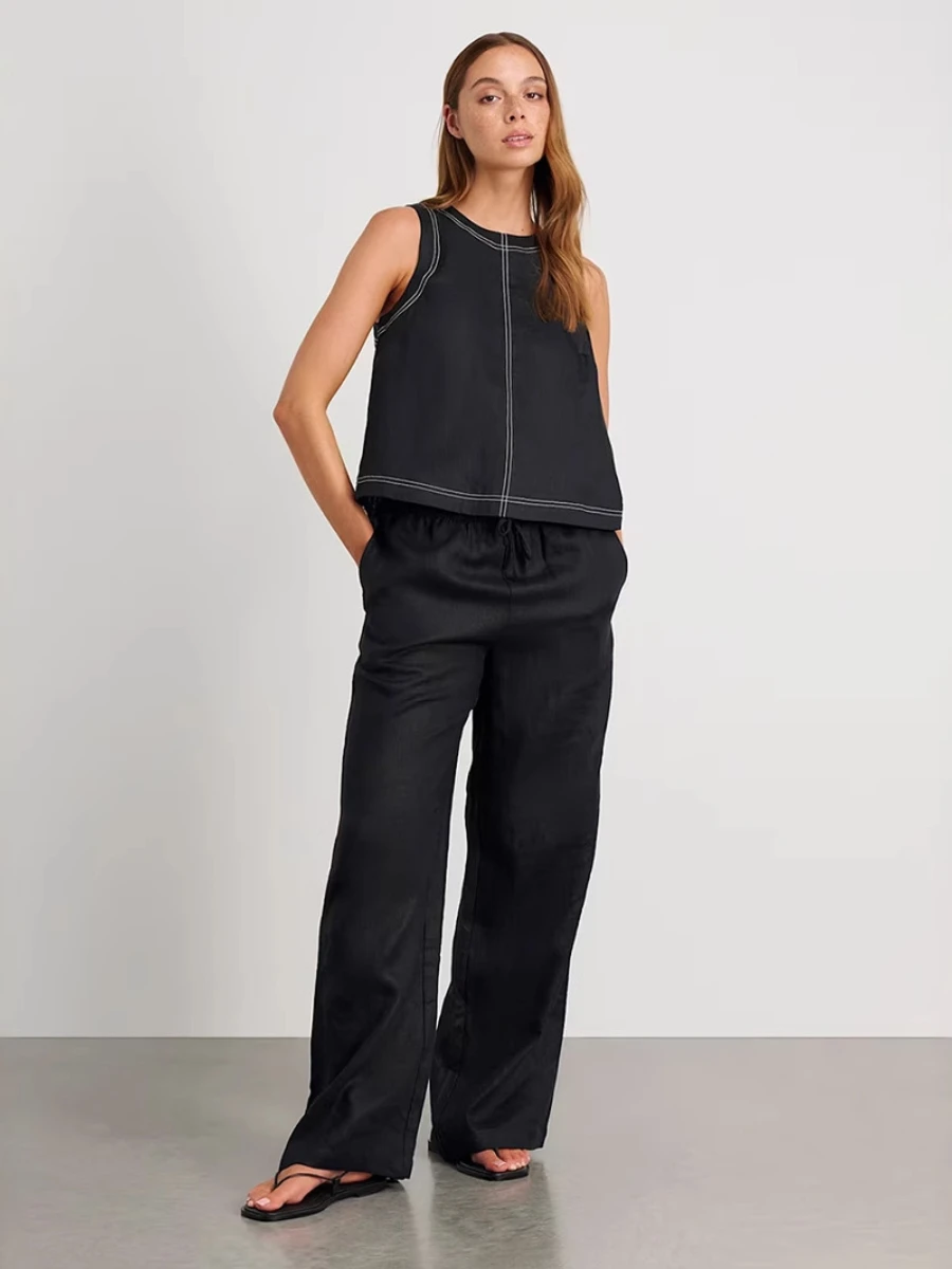 Bronladies Cotton Linen Vest Pants Set Women's Wide Leg Long Pants Sleeveless Top Casual Suit 2025 Spring Summer New Pant Sets