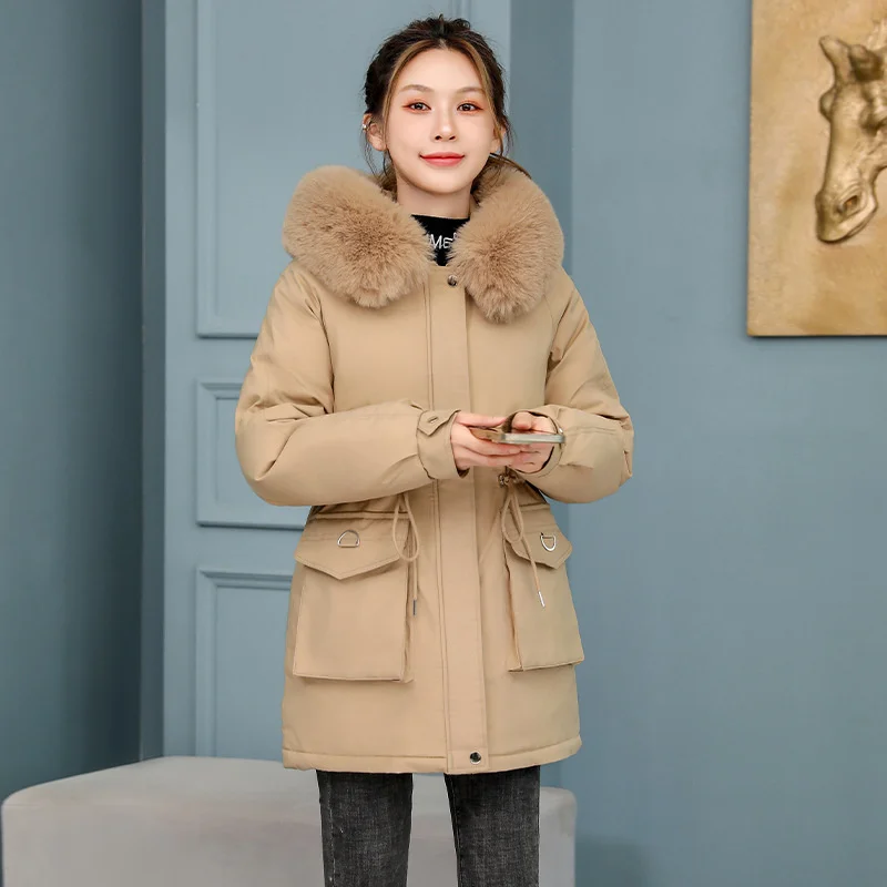 2024 Women Winter Parkas Faux Lambswool Liner Fleece Overcoat Fur Collar Hooded Coat Female Windproof Warm Cotton-padded Jackets