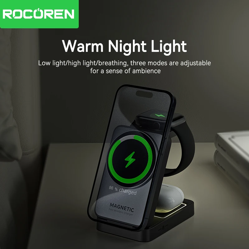 Rocoren Folding 3 in 1 Wireless Charging Stand Portable Magnetic Fast charging Station Dock For iPhone 15 14 13 Watch Headphones Best Sellers In Phones Accessories