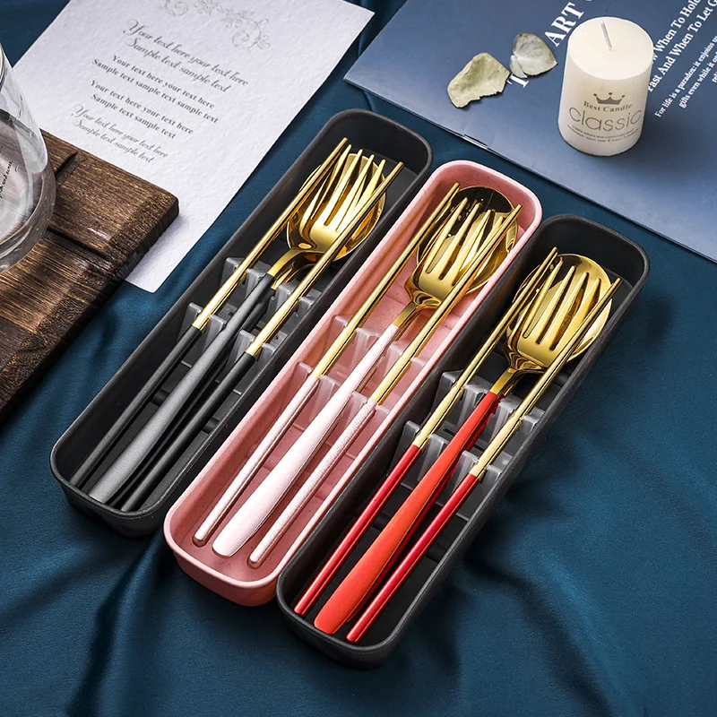 

304 Stainless Steel Portable Cutlery Set Student Travel Japan And South Korea Spoon Chopsticks Three-Piece Set Student Cutlery