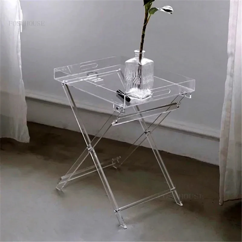 

Nordic Coffee Tables Ins Low Table Transparent Acrylic Small Art Bedside Shelf Sofa Side Rectangle Folding Table for Livingroom