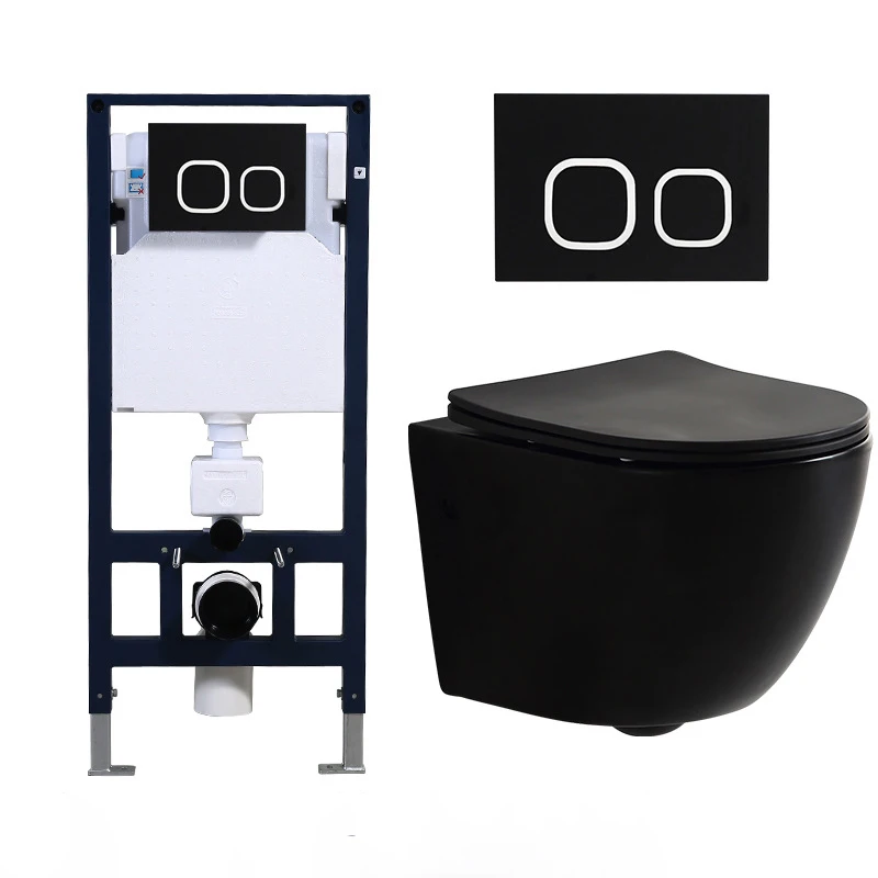 Wc Water Closet Ceramic Matte Black Wall Hung Mounting Bowl Toilet With Concealed Cistern Hidden Concealed Flush Water Tank Set