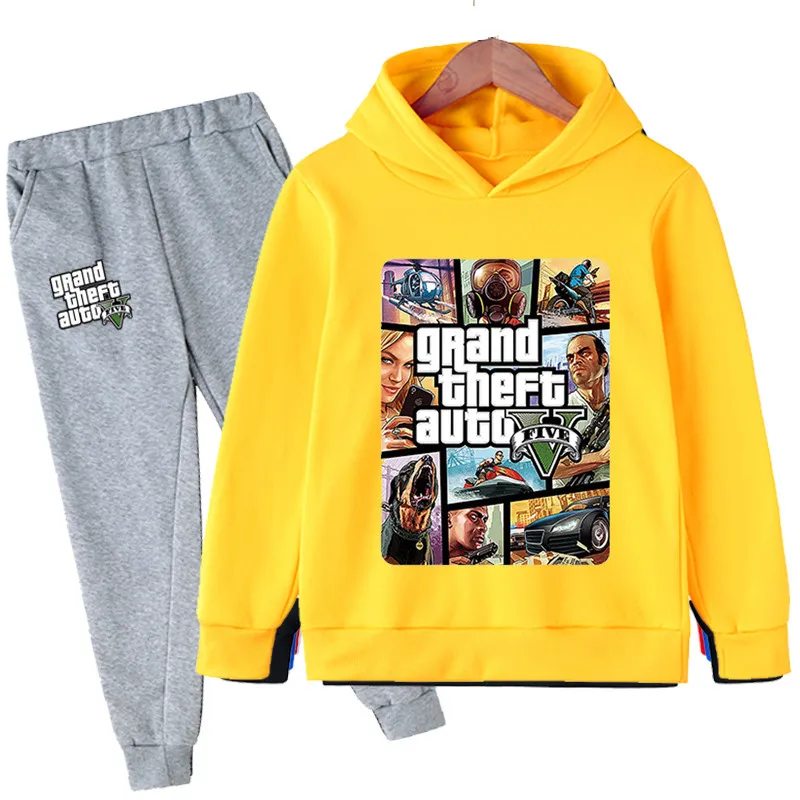 thumbnail image 1 of Conjunto de ropa para niños Gta 5, sudaderas con capucha y pantalones largos de dibujos animados para otoño, 2 piezas, juego para niños, ropa Gta 5 de 4 a 14 años, 1 of 5
