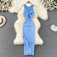 YuooMuoo Women Dress Sexy Wrap Hips Two Sides Available Split One-Piece Long Dress Fashion Knot Knitted Bodycon Party Robe Femme - Image 5