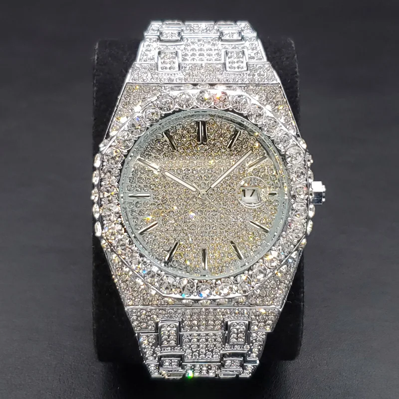 New Dropshipping Men Watch Cool Diamond Iced Out Quartz Wristwatch Luxury Fashion Rhinestone Stainles Steel Waterproof Clock Man