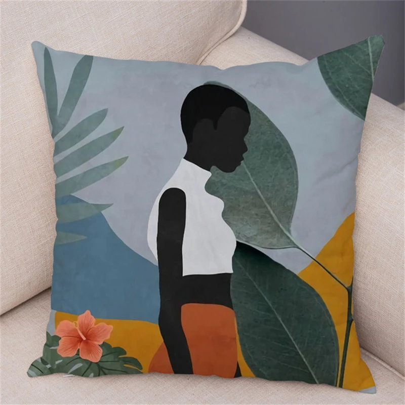 2022 Tropical Plant Soft Plush Black Africa Girl Pillow Case Linen Geometric Fashion Women Cushion Cover for Sofa Car Home Decor