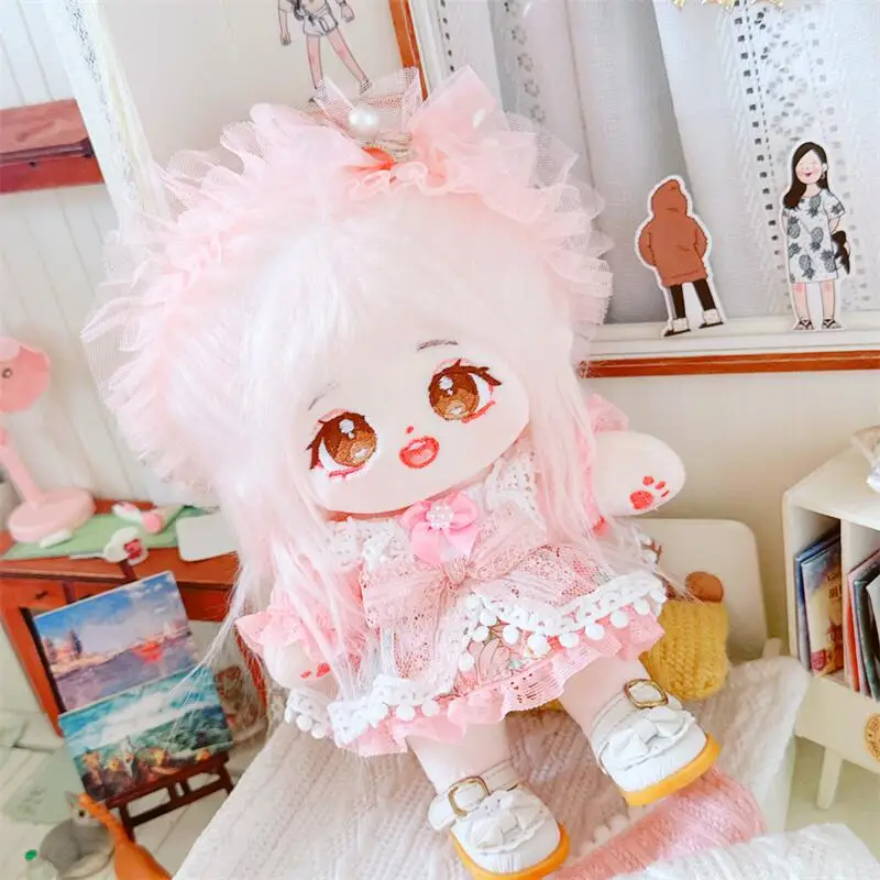 Kawaii Pink Hair Girls Plush Doll Cute Pink Lace Dress Suit 2Pcs DIY Clothes Accessory Anime Stuffed Cotton Fat Body Dolls Toys